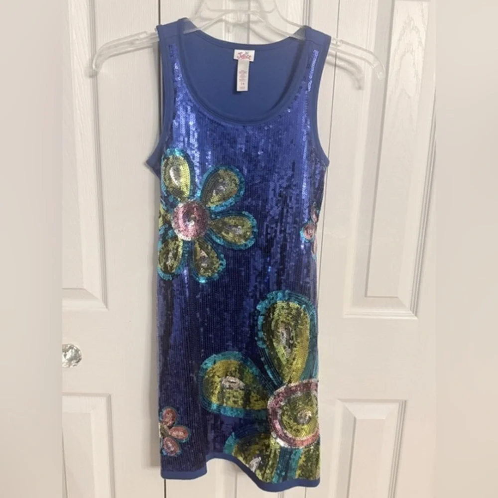 Justice Shimmering Blue Girls Sz 14 Dress Sequin Flowers EXCELLENT CONDITION DA